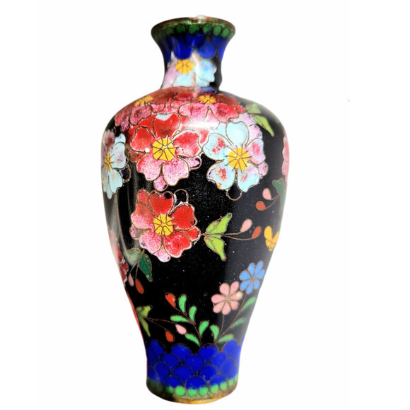 HP‎ Antique Chinese Blue Pink Floral Chrysanthemums Butterflies Cloisonné Vase - Picture 1 of 10
